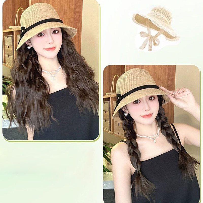 🌈Cappello con parasole intrecciato e parrucche integrate