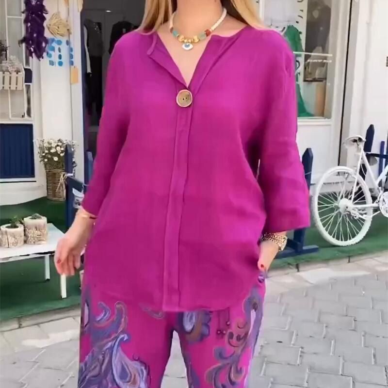 Set 2 pezzi da donna casual con camicetta stampata a maniche lunghe e pantaloni a gamba larga