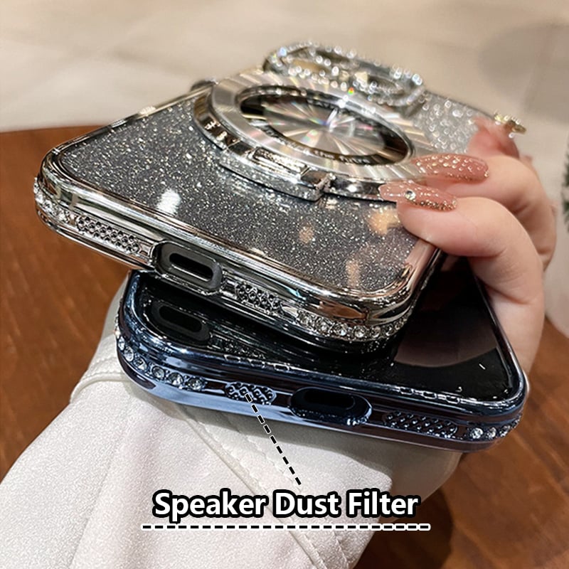 Custodia magnetica per iPhone con strass glitterati e supporto invisibile