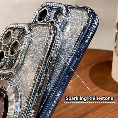 Custodia magnetica per iPhone con strass glitterati e supporto invisibile