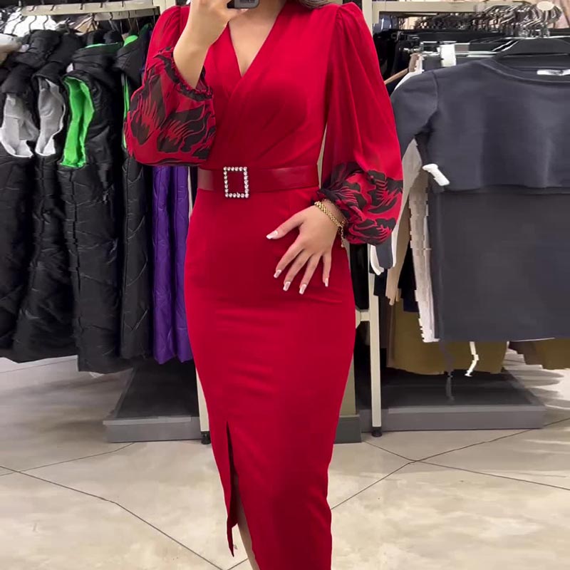 Women’s Elegant V-neck Dress in Red