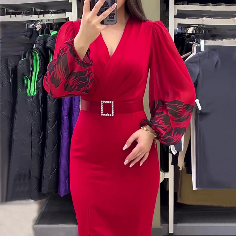 Women’s Elegant V-neck Dress in Red